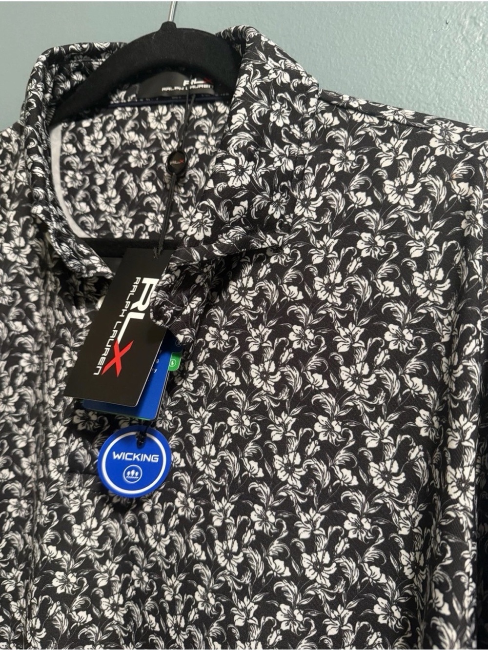 RLX Ralph Lauren Men's Size XL Black White Floral Golf Polo Short Sleet Shirt